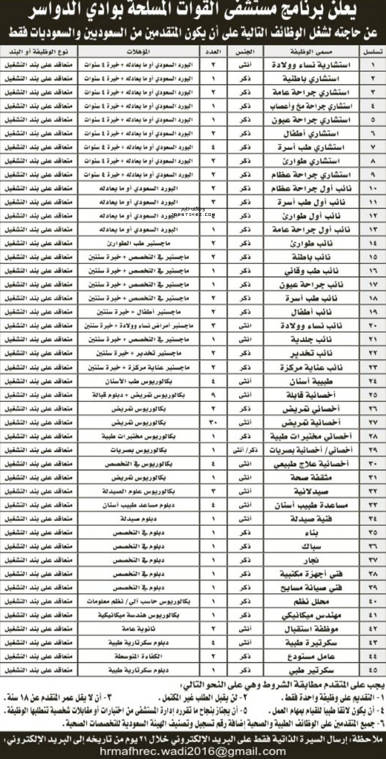 وظائف مستشفى القوات المسلحة بوادي الدواسر